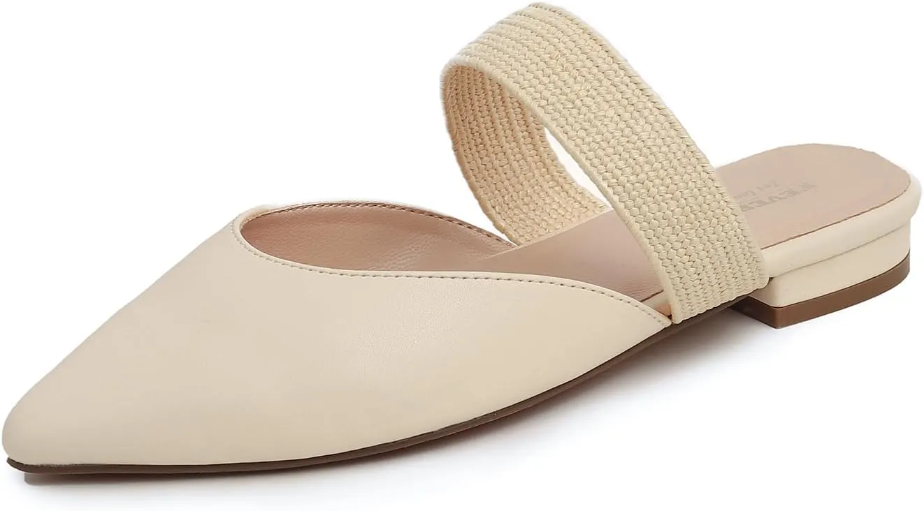FEVERSOLE Women's Pointed Toe Fashion Mules Low Heel Flats Casual Summer Slide