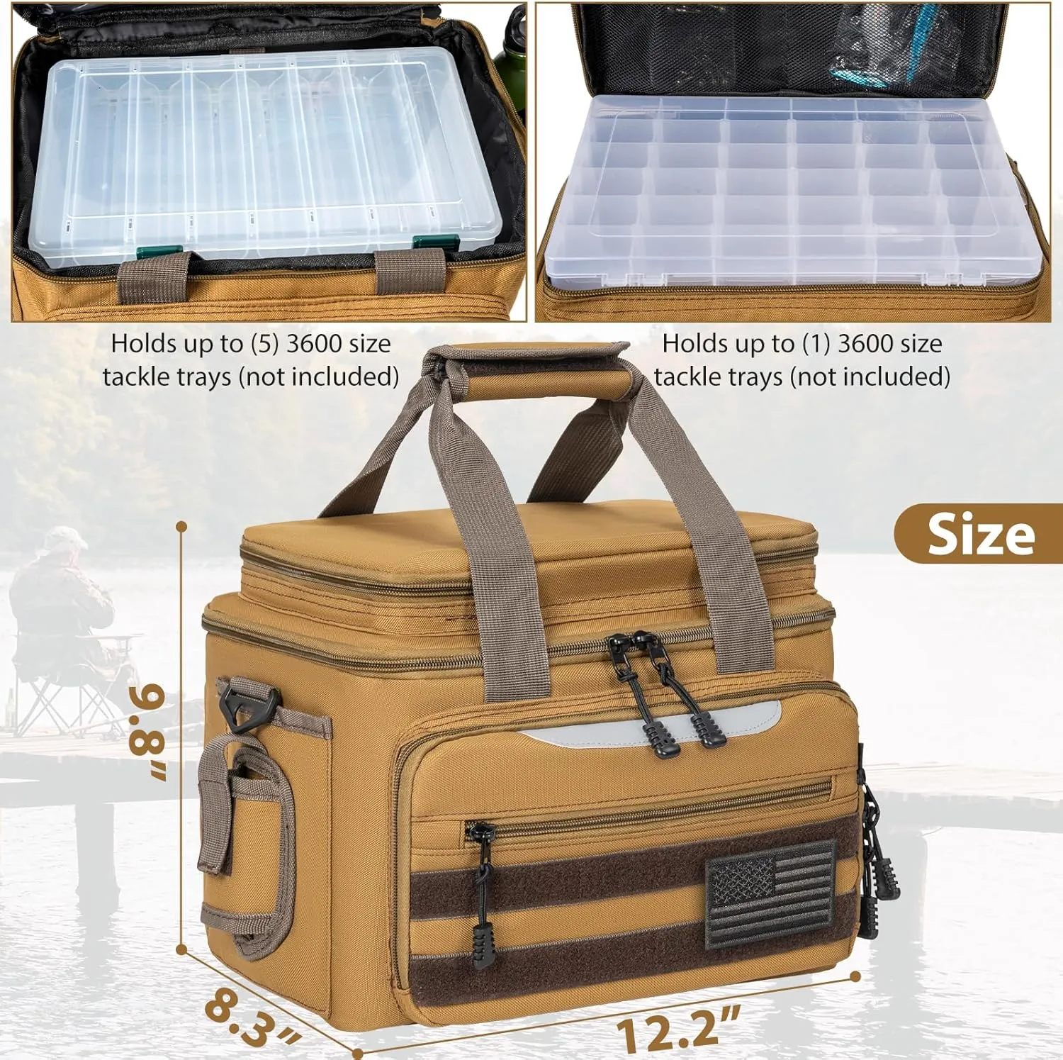 Fishing Tackle Bag for Fishing, Water Resistant Fishing Gear Storage Bag, Soft Tackle Box Storage Case for Saltwater or Freshwater (Khaki)