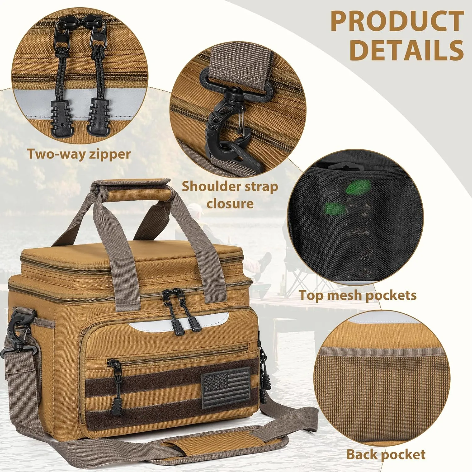 Fishing Tackle Bag for Fishing, Water Resistant Fishing Gear Storage Bag, Soft Tackle Box Storage Case for Saltwater or Freshwater (Khaki)