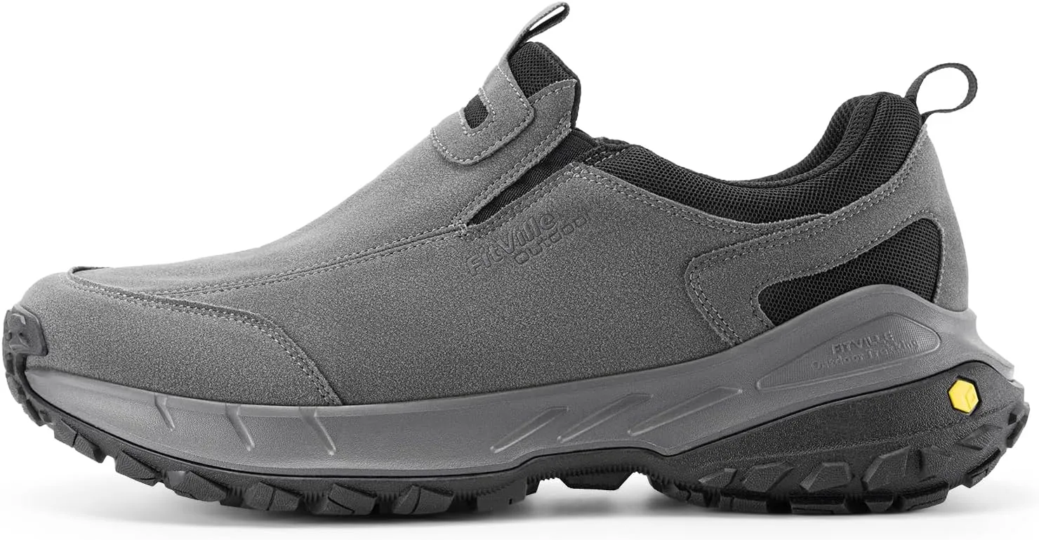 FitVille Wide Slip on Shoes for Men Hiking Walking Shoes Trekking Loafer with Arch Support | Slip Resistant | Wide Toe Box