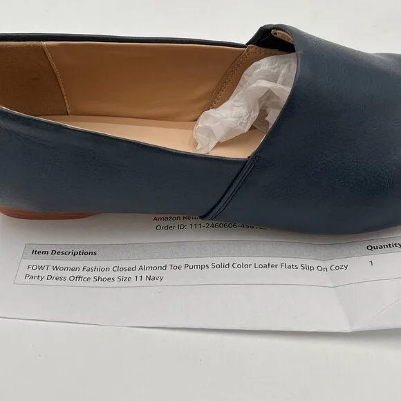 FOWT Navy Closed Almond Toe Pumps Solid Color Loafer Flats Slip On Cozy Shoes
