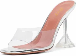 FOWT Women Stylish Peep Toe High Heel Mules Slip on Ladies Party Prom Dance Slide Sandals Size 4-16 US