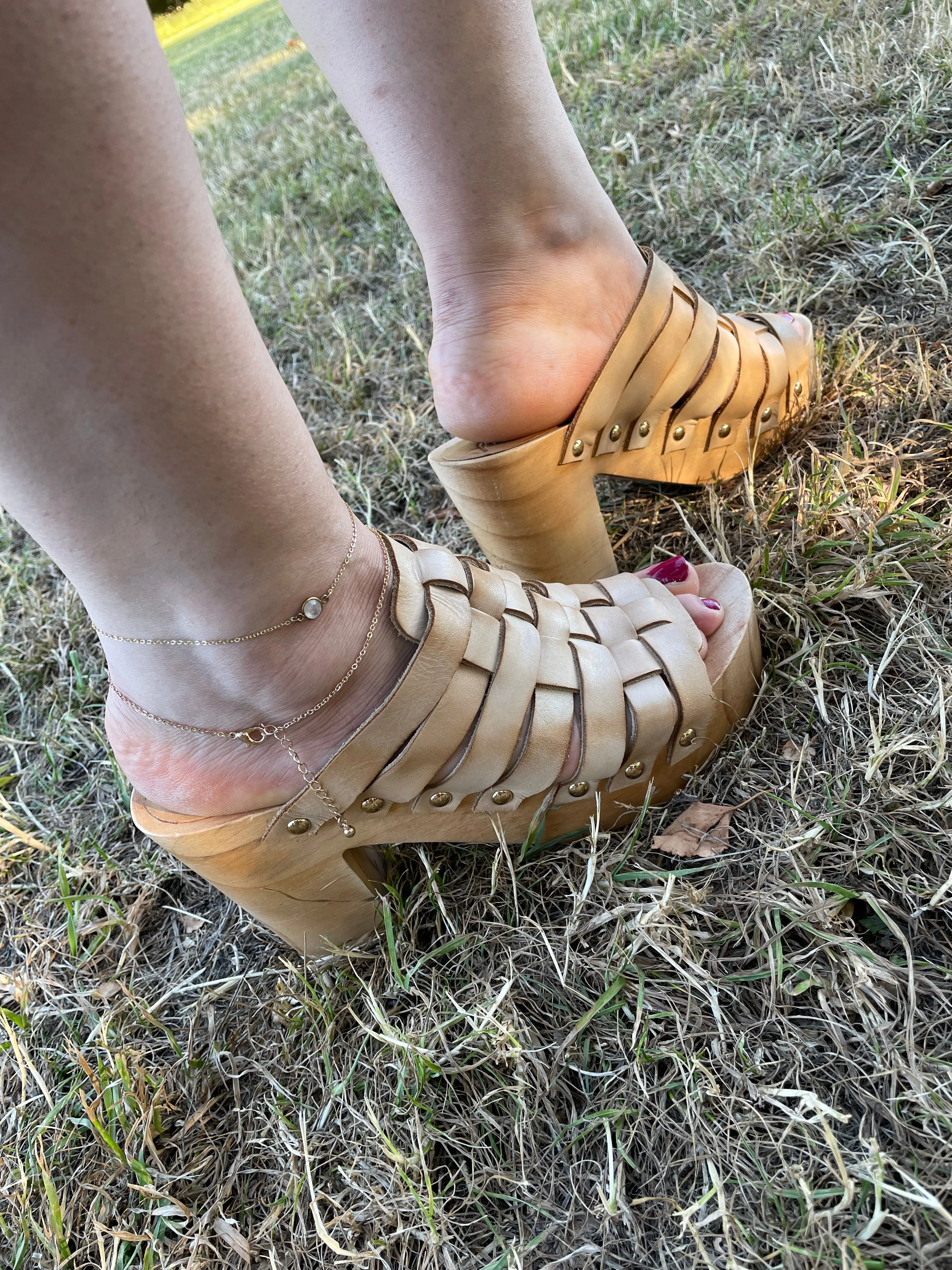 Free People Women’s Wooden High Heel Clog Slides Tan