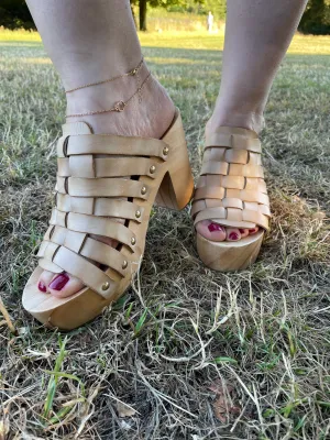 Free People Women’s Wooden High Heel Clog Slides Tan