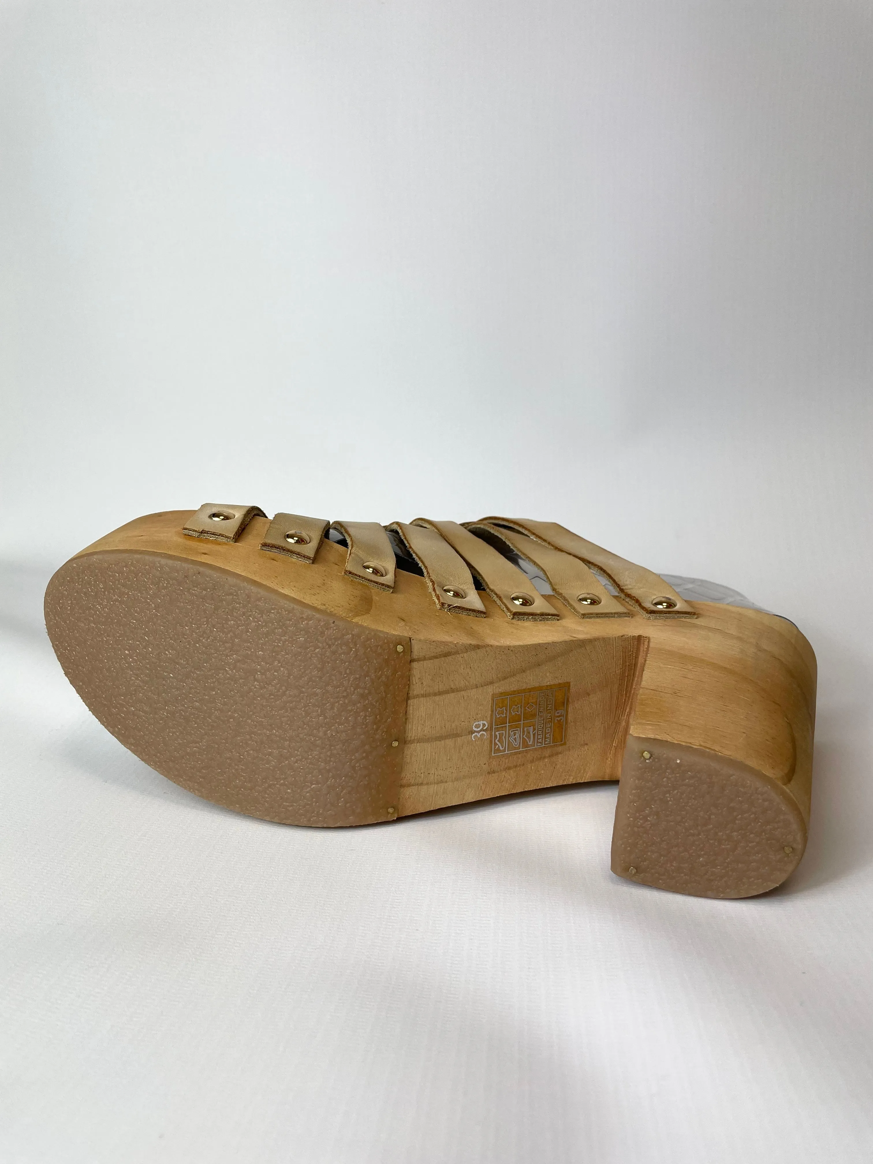 Free People Women’s Wooden High Heel Clog Slides Tan