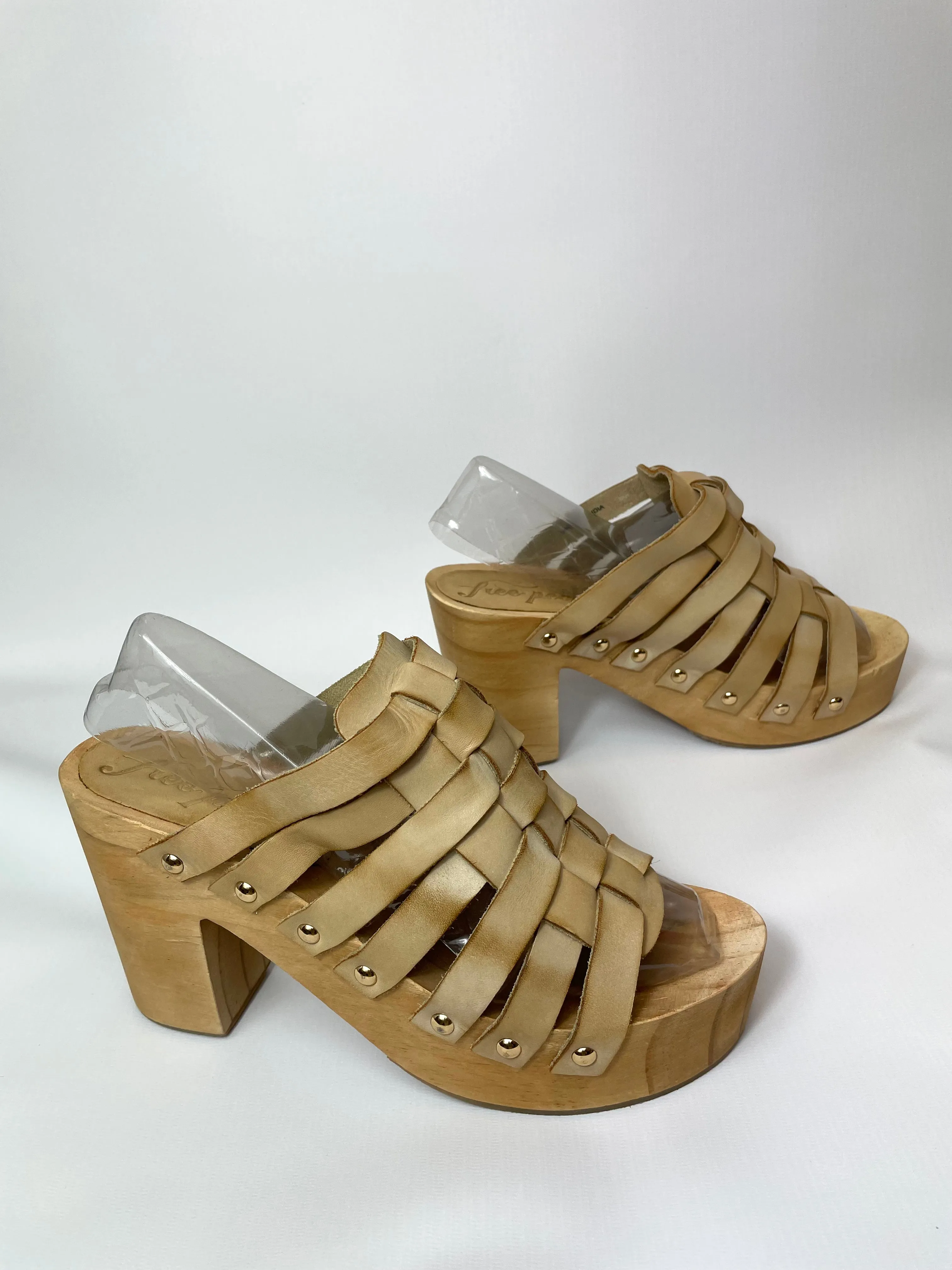 Free People Women’s Wooden High Heel Clog Slides Tan