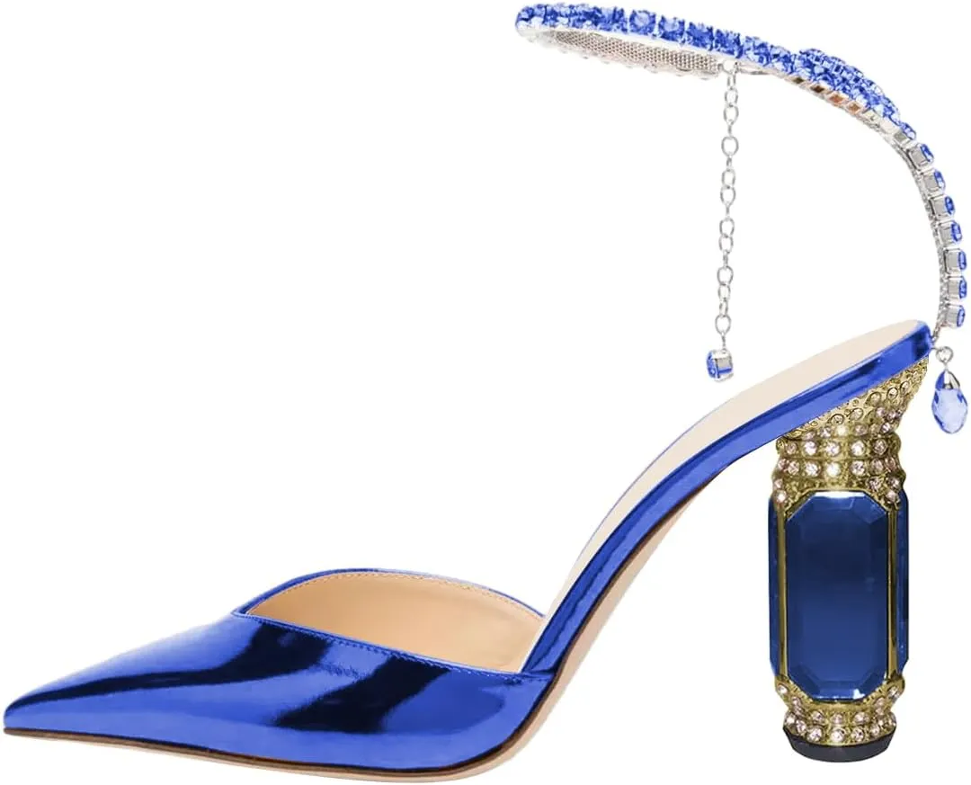 FSJ Women Bridal Heeled Sandals Pointy Toe Crystal Chain Ankle Strap Pumps Luxury Rhinestone Embellished Chunky Heels Wedding Party Dress Shoes Size 4-16 US