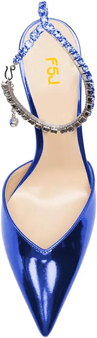 FSJ Women Bridal Heeled Sandals Pointy Toe Crystal Chain Ankle Strap Pumps Luxury Rhinestone Embellished Chunky Heels Wedding Party Dress Shoes Size 4-16 US
