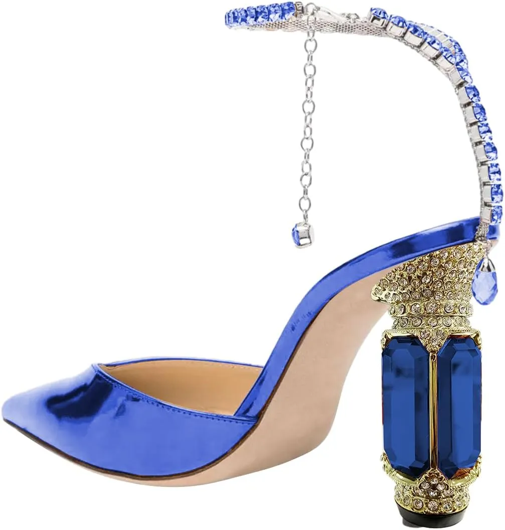 FSJ Women Bridal Heeled Sandals Pointy Toe Crystal Chain Ankle Strap Pumps Luxury Rhinestone Embellished Chunky Heels Wedding Party Dress Shoes Size 4-16 US