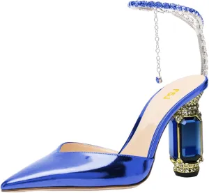 FSJ Women Bridal Heeled Sandals Pointy Toe Crystal Chain Ankle Strap Pumps Luxury Rhinestone Embellished Chunky Heels Wedding Party Dress Shoes Size 4-16 US