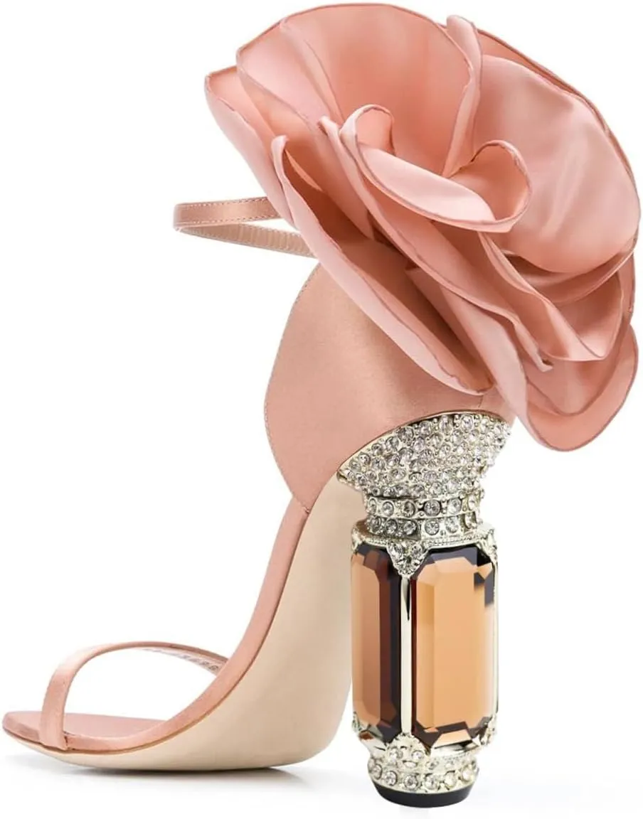 FSJ Women Open Toe Crystal Block Heels Sandals with Flower Bloom Back Ankle Strap Buckle Silk Satin Chunky Thick High Heels Wedding Party Pump Shoes Size 4-16 US