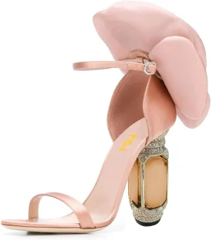 FSJ Women Open Toe Crystal Block Heels Sandals with Flower Bloom Back Ankle Strap Buckle Silk Satin Chunky Thick High Heels Wedding Party Pump Shoes Size 4-16 US