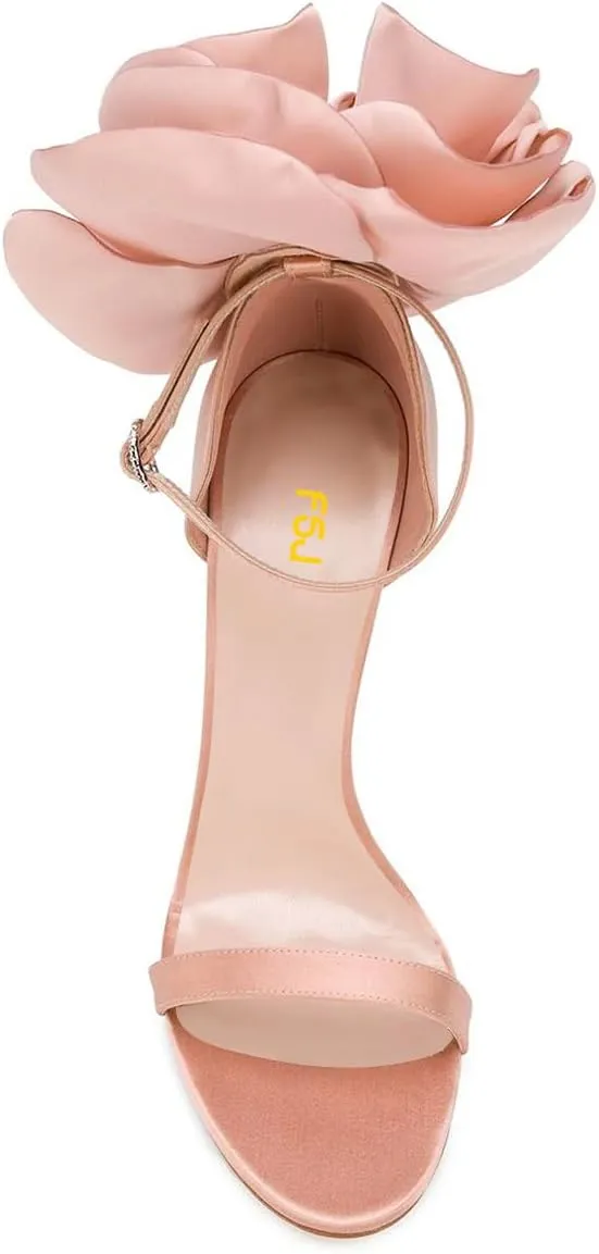 FSJ Women Open Toe Crystal Block Heels Sandals with Flower Bloom Back Ankle Strap Buckle Silk Satin Chunky Thick High Heels Wedding Party Pump Shoes Size 4-16 US