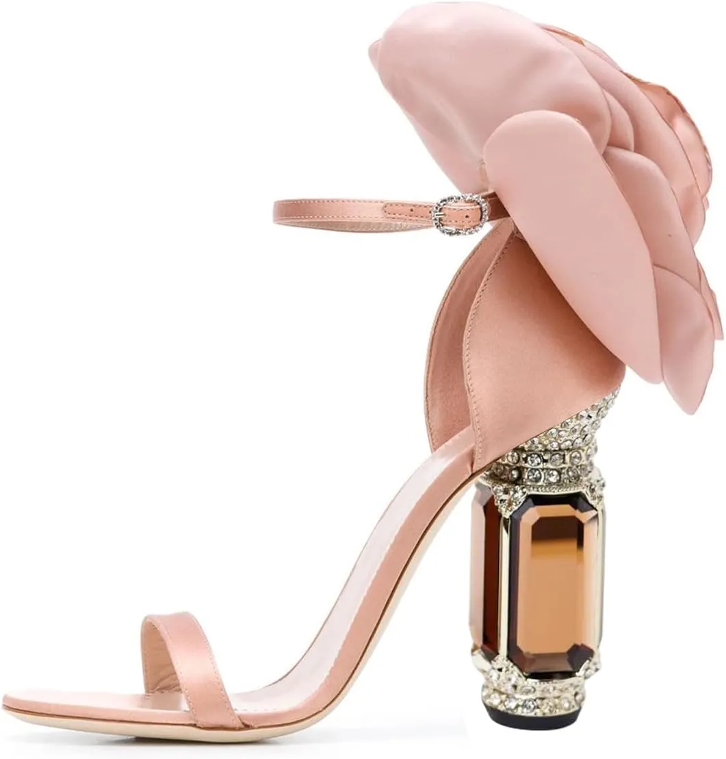 FSJ Women Open Toe Crystal Block Heels Sandals with Flower Bloom Back Ankle Strap Buckle Silk Satin Chunky Thick High Heels Wedding Party Pump Shoes Size 4-16 US