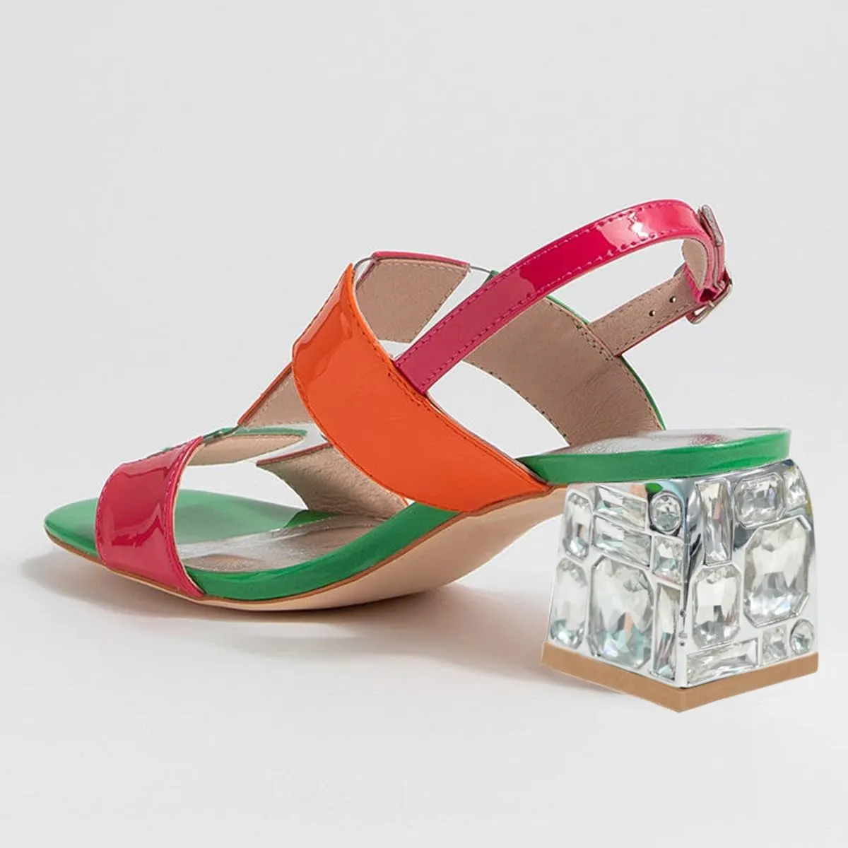 FSJ Women Open Toe Heeled Sandals Chunky Mid Heel Slingbacks T Strap Buckle Multicolor Band Crystal Block Heel Versatile Comfy Shoes Size 4-16 US