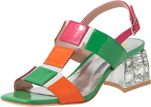 FSJ Women Open Toe Heeled Sandals Chunky Mid Heel Slingbacks T Strap Buckle Multicolor Band Crystal Block Heel Versatile Comfy Shoes Size 4-16 US