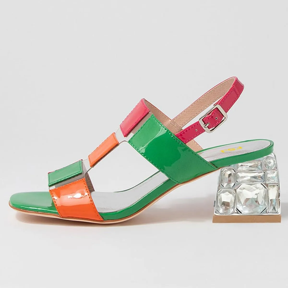 FSJ Women Open Toe Heeled Sandals Chunky Mid Heel Slingbacks T Strap Buckle Multicolor Band Crystal Block Heel Versatile Comfy Shoes Size 4-16 US