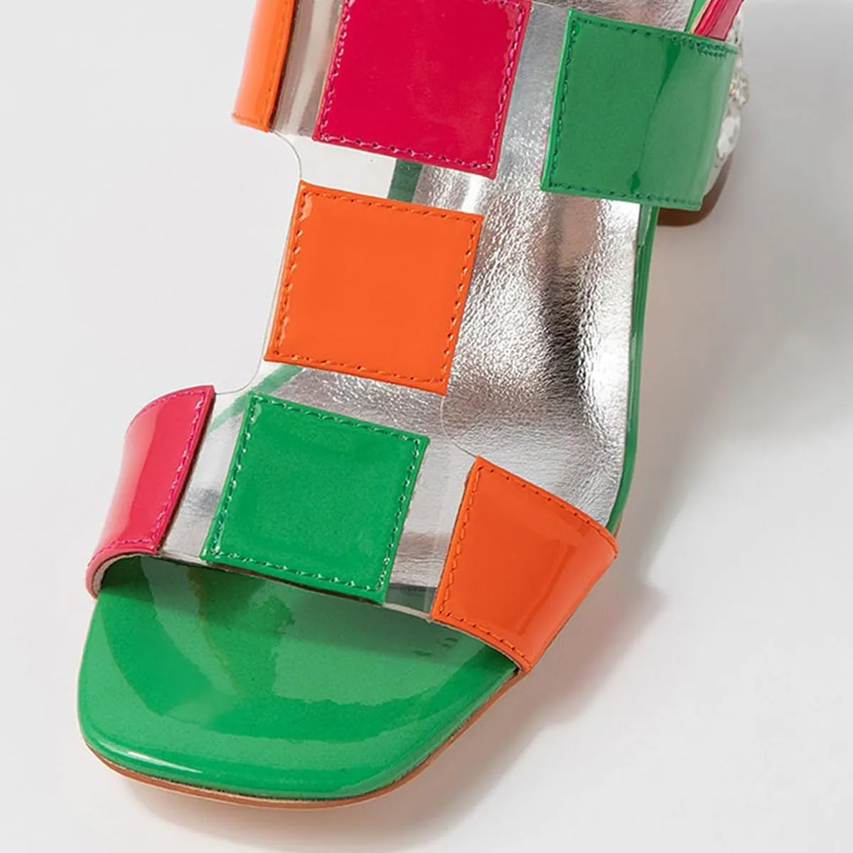 FSJ Women Open Toe Heeled Sandals Chunky Mid Heel Slingbacks T Strap Buckle Multicolor Band Crystal Block Heel Versatile Comfy Shoes Size 4-16 US
