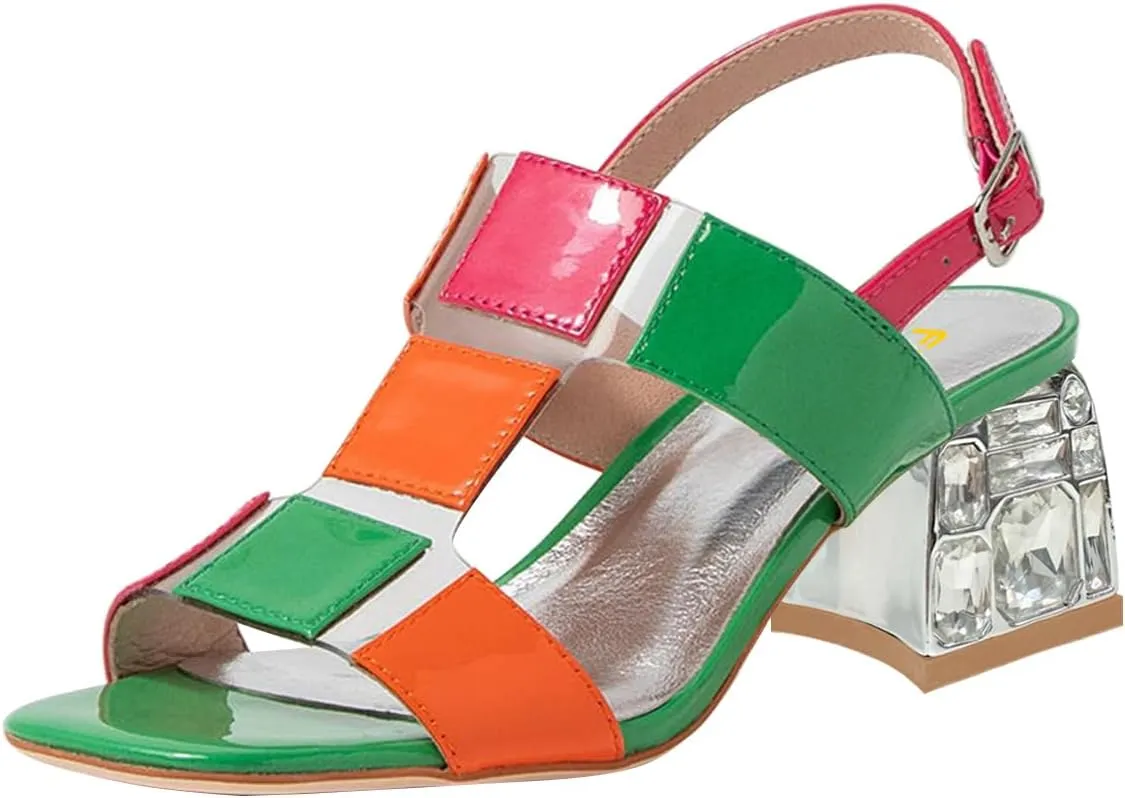 FSJ Women Open Toe Heeled Sandals Chunky Mid Heel Slingbacks T Strap Buckle Multicolor Band Crystal Block Heel Versatile Comfy Shoes Size 4-16 US