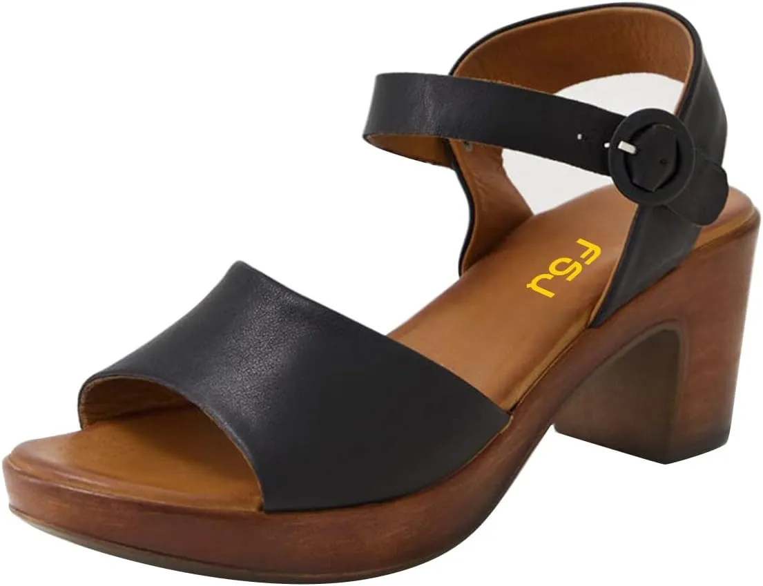 FSJ Women Platform Chunky Heel Sandals Wooden Block Heel Comfortable Open Toe Ankle Strap Wide Band Mid Heel Party Date Night Dance Shoes Size 4-16 US