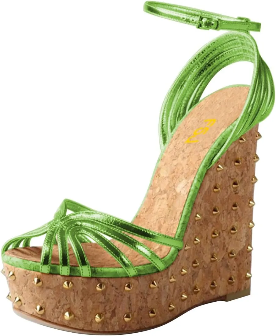 FSJ Women Rivet Studded Wedges Sandals Platform Cork High Heel Peep Toe Ankle Strap Buckle Sexy Strappy Party Shoes Size 4-16 US