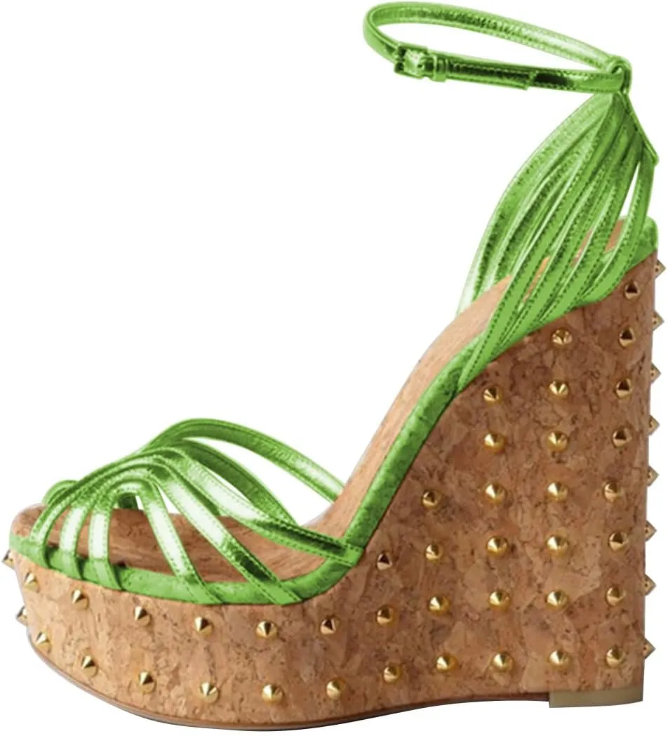 FSJ Women Rivet Studded Wedges Sandals Platform Cork High Heel Peep Toe Ankle Strap Buckle Sexy Strappy Party Shoes Size 4-16 US