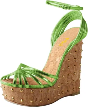 FSJ Women Rivet Studded Wedges Sandals Platform Cork High Heel Peep Toe Ankle Strap Buckle Sexy Strappy Party Shoes Size 4-16 US