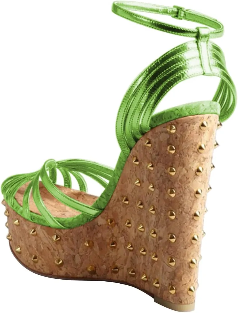 FSJ Women Rivet Studded Wedges Sandals Platform Cork High Heel Peep Toe Ankle Strap Buckle Sexy Strappy Party Shoes Size 4-16 US