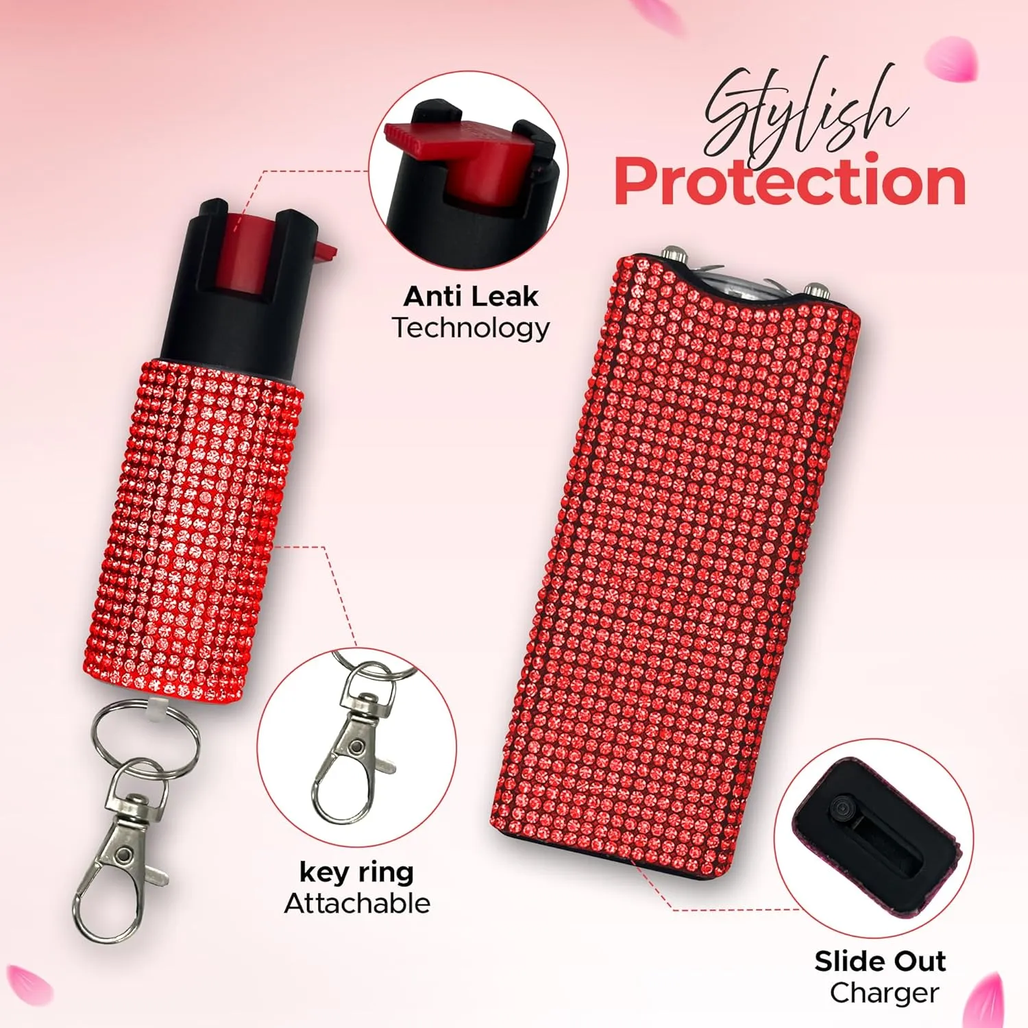FURY Gem Stone Pepper Spray Stun Gun Combo – Stylish Multi-Color, 12ft Range, UV Dye Identifier, Flashlight, Rechargeable, Self-Defense Kit, Personal Safety, Rhinestone casing
