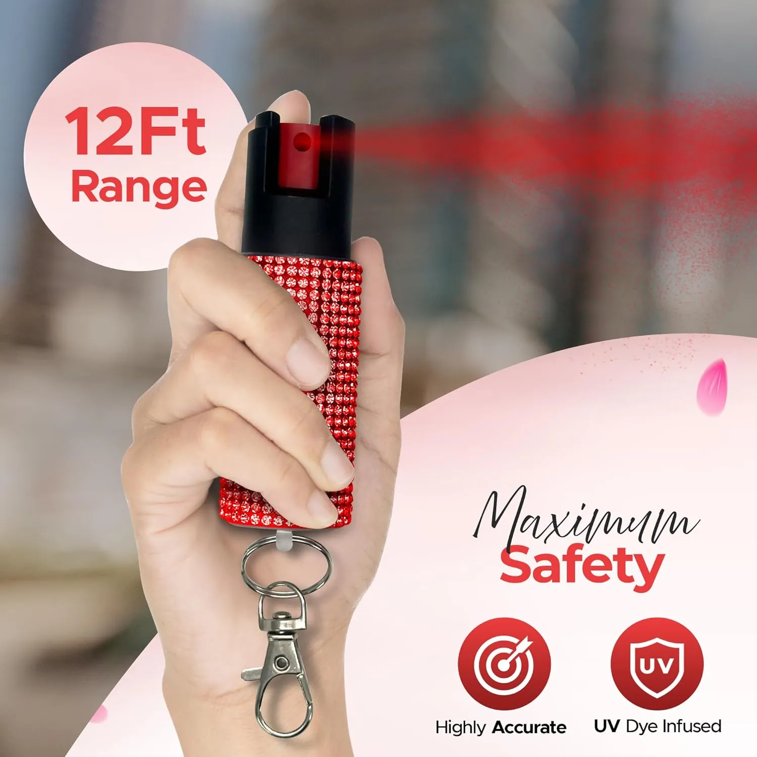 FURY Gem Stone Pepper Spray Stun Gun Combo – Stylish Multi-Color, 12ft Range, UV Dye Identifier, Flashlight, Rechargeable, Self-Defense Kit, Personal Safety, Rhinestone casing