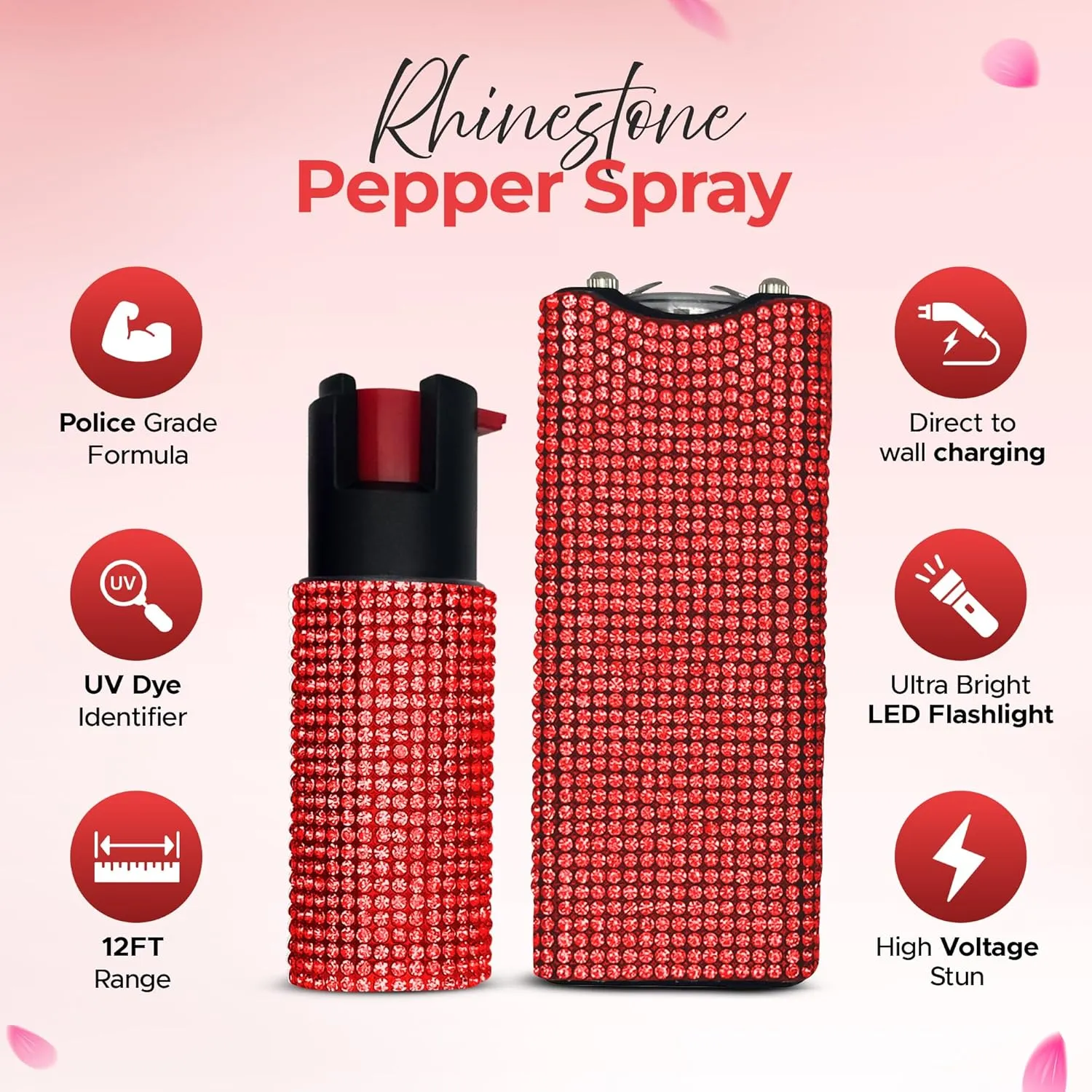 FURY Gem Stone Pepper Spray Stun Gun Combo – Stylish Multi-Color, 12ft Range, UV Dye Identifier, Flashlight, Rechargeable, Self-Defense Kit, Personal Safety, Rhinestone casing