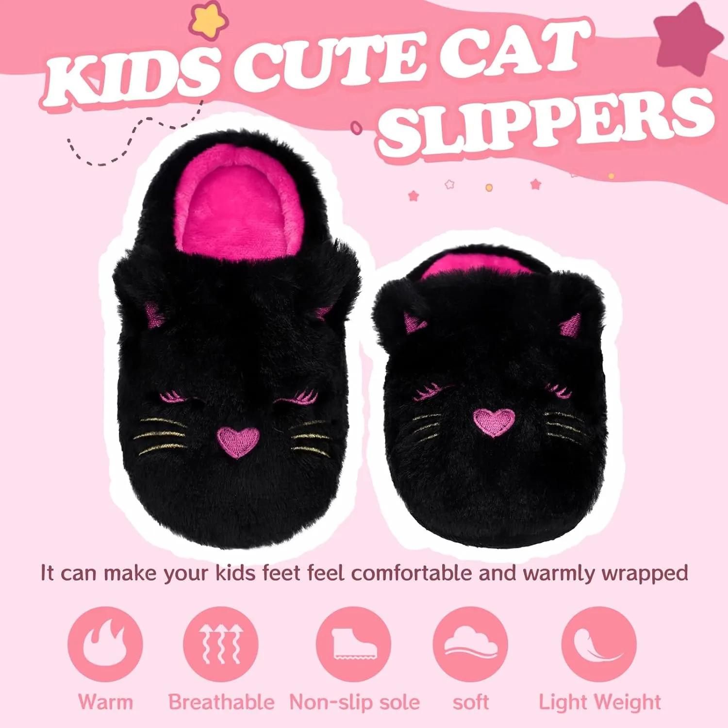 Fuzzy Cat Slippers for Girls, Funny Animal House Shoes with Soft Memory Foam, Comfy Plush Warm Slip-on Slippers