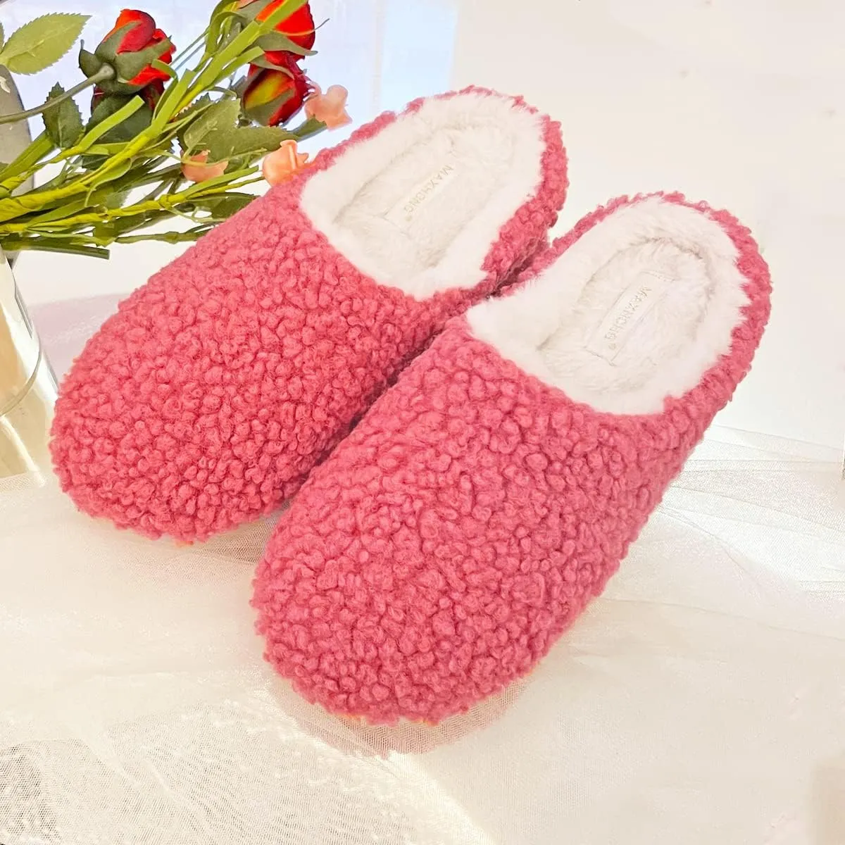 Fuzzy Curly House Slippers for Women With Memory Foam, Winter Cozy Lightweight Washable Ladies Slippers for Indoor Rubber Sole Slip on
