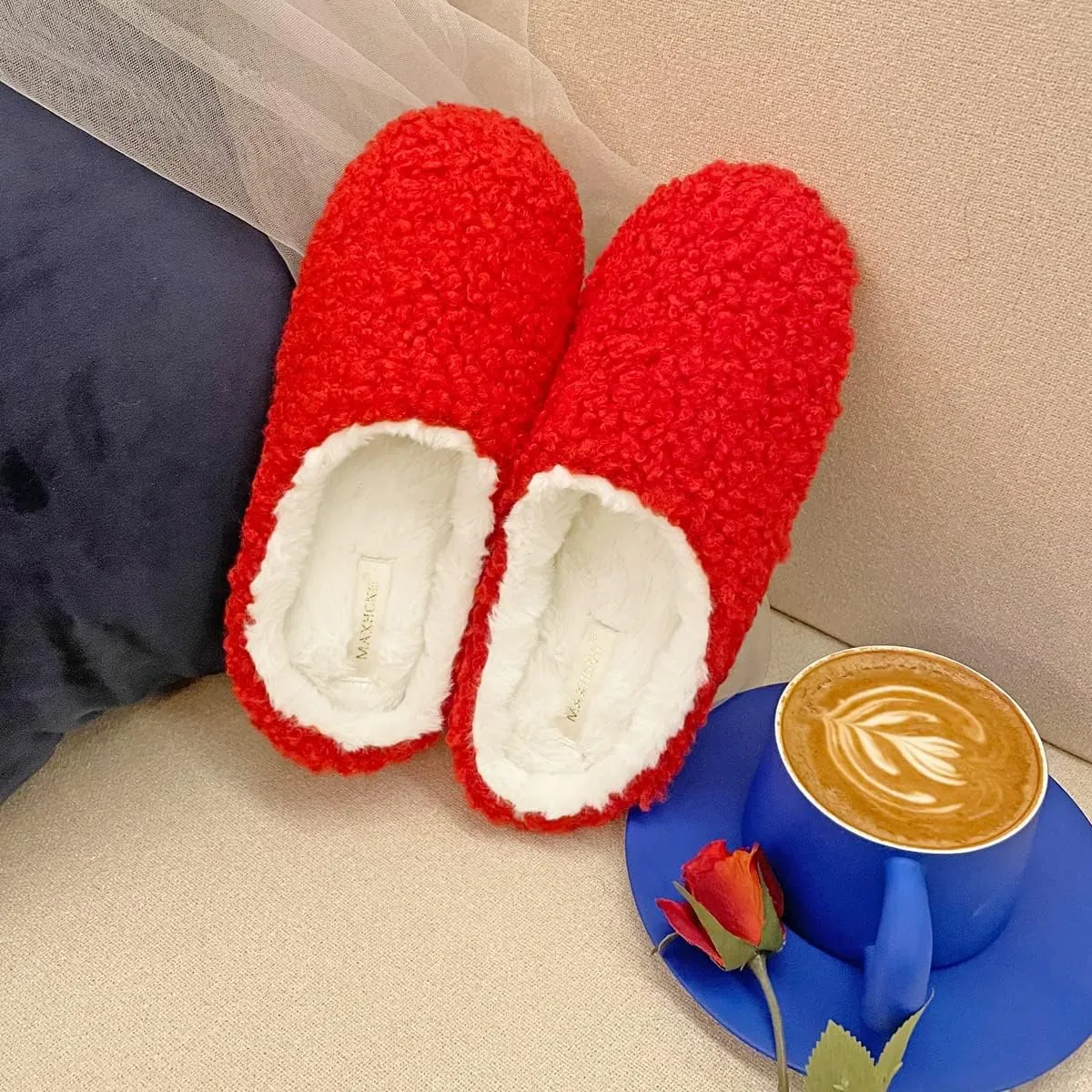 Fuzzy Curly House Slippers for Women With Memory Foam, Winter Cozy Lightweight Washable Ladies Slippers for Indoor Rubber Sole Slip on