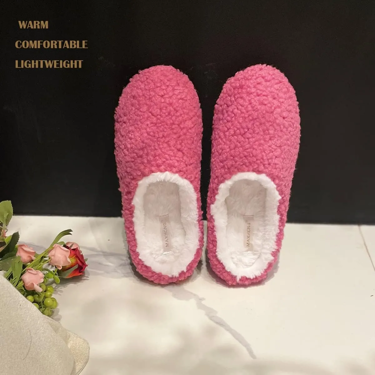 Fuzzy Curly House Slippers for Women With Memory Foam, Winter Cozy Lightweight Washable Ladies Slippers for Indoor Rubber Sole Slip on