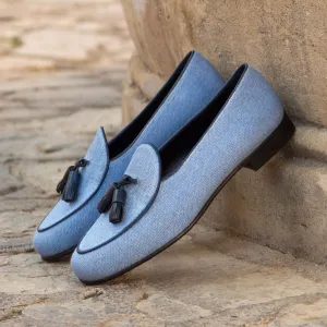 Gentlemen Barcelona Slip On - Blue Linen combined with Hand Painted Navy Blue Calf Leather