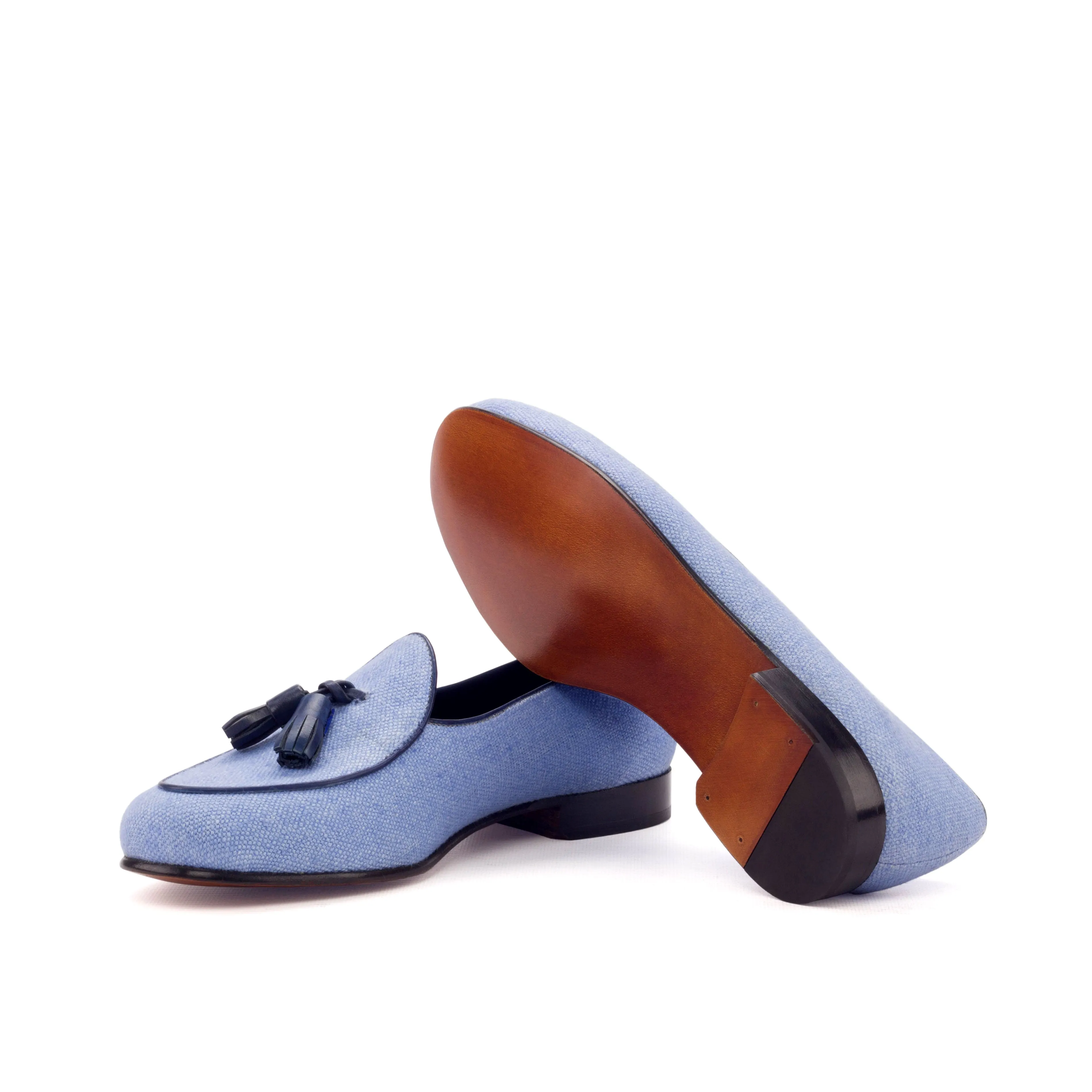 Gentlemen Barcelona Slip On - Blue Linen combined with Hand Painted Navy Blue Calf Leather