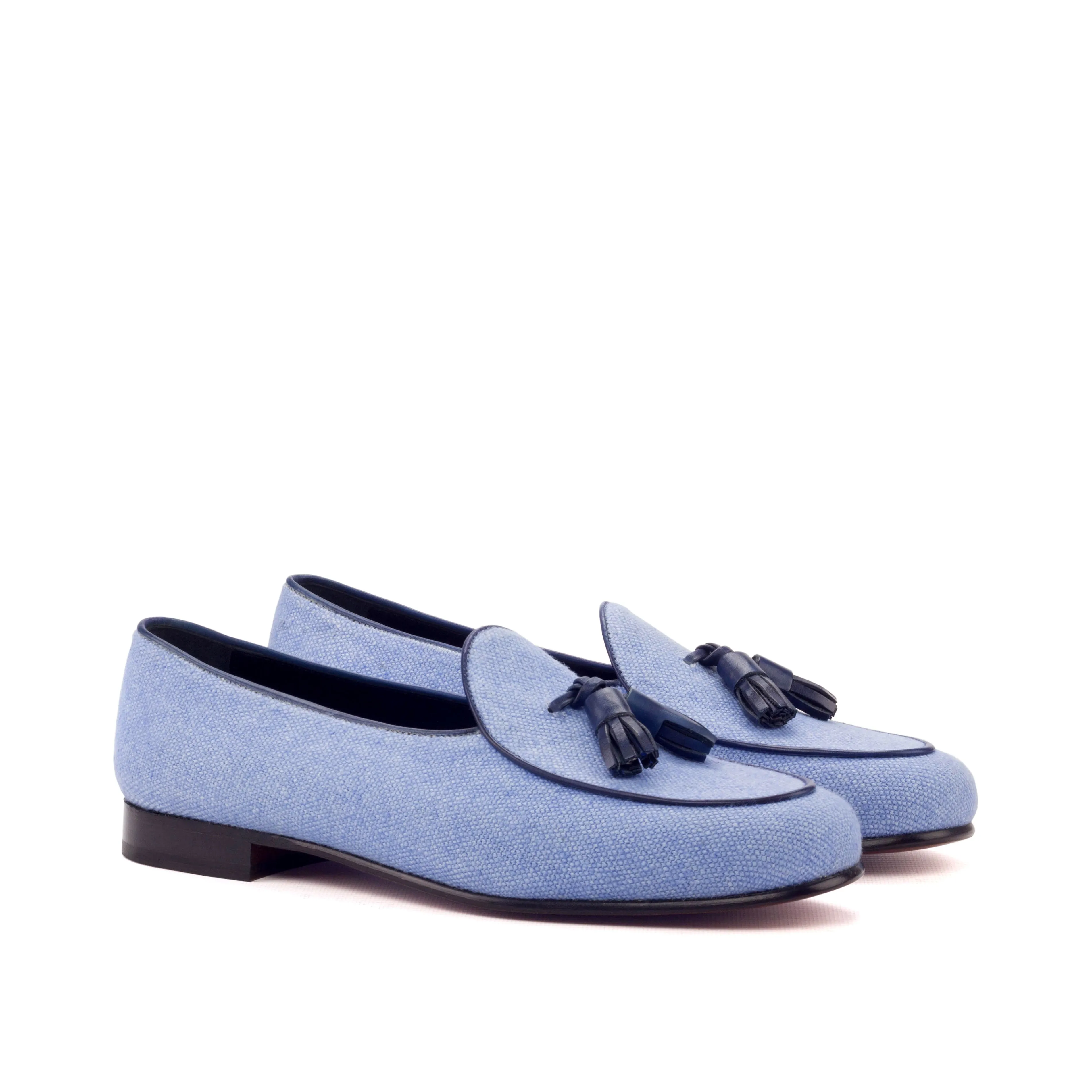 Gentlemen Barcelona Slip On - Blue Linen combined with Hand Painted Navy Blue Calf Leather