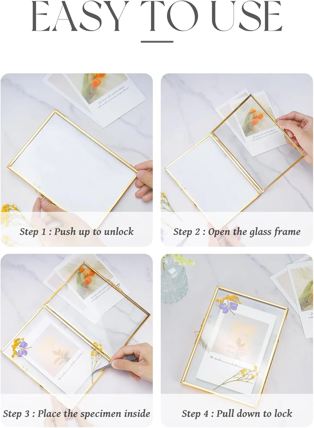 Glass Pressed Flower Frame Handmade, Floating Picture Frames for Pressed Flowers, Tabletop Artwork Photo Frames, Brass Desk Picture Frame for Home Office Plant Specimen, Gold, 6x8 Inches