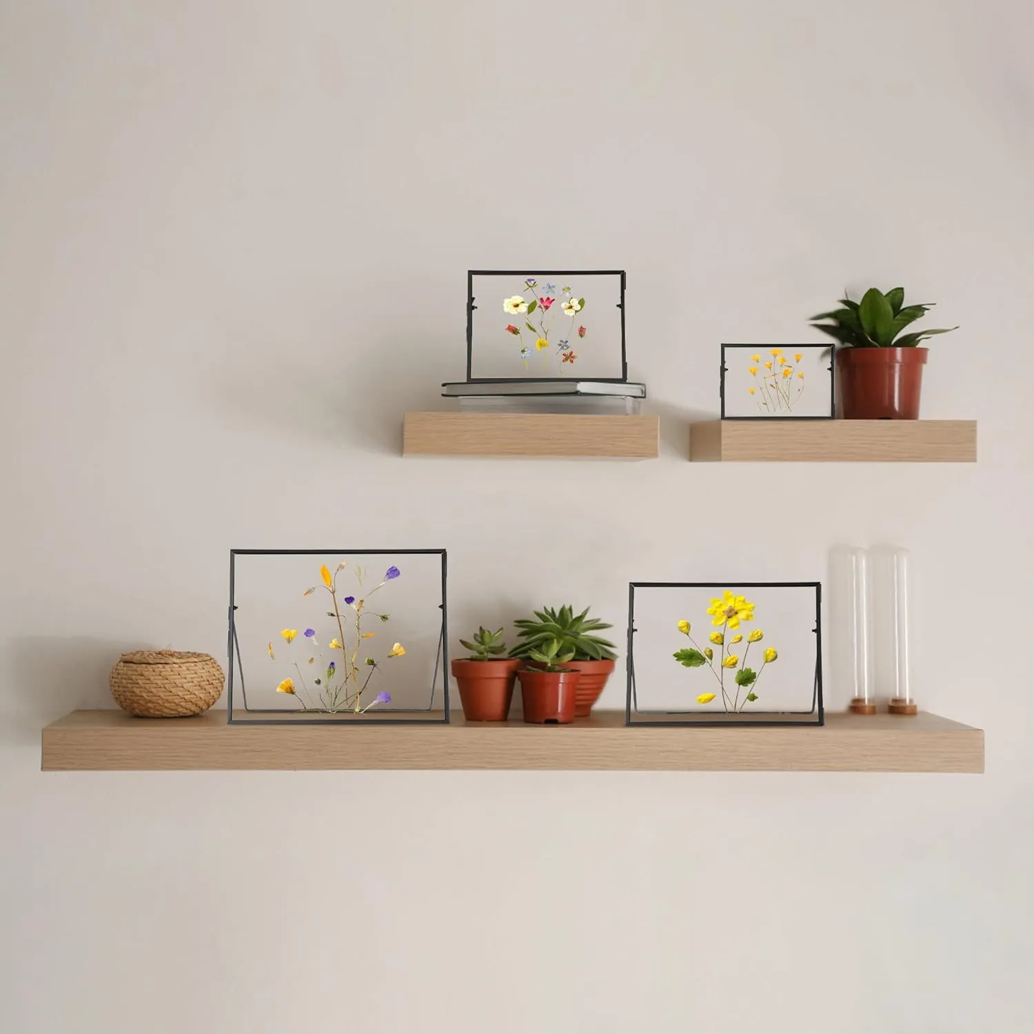 Glass Pressed Flower Frame Handmade, Glass Floating Picture Frames Tabletop Brass Photo Frame for DIY Dried Flowers Home Plant Specimen, Rectangle Horizontal 6×8 inches,Black (FRAME ONLY)