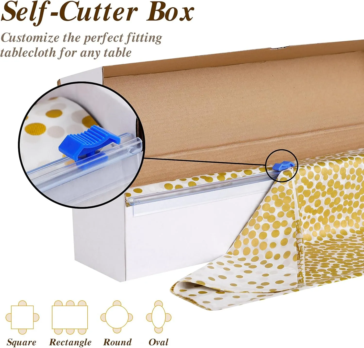 Goodluck 54 Inch X 300 Feet Plastic Table Cloths with Cutter Box, Gold Disposable Table Cover Roll, Plastic Tablecloth for Party, Wedding, Birthday, Anniversary, Thanksgiving, Christmas White Gold Dot