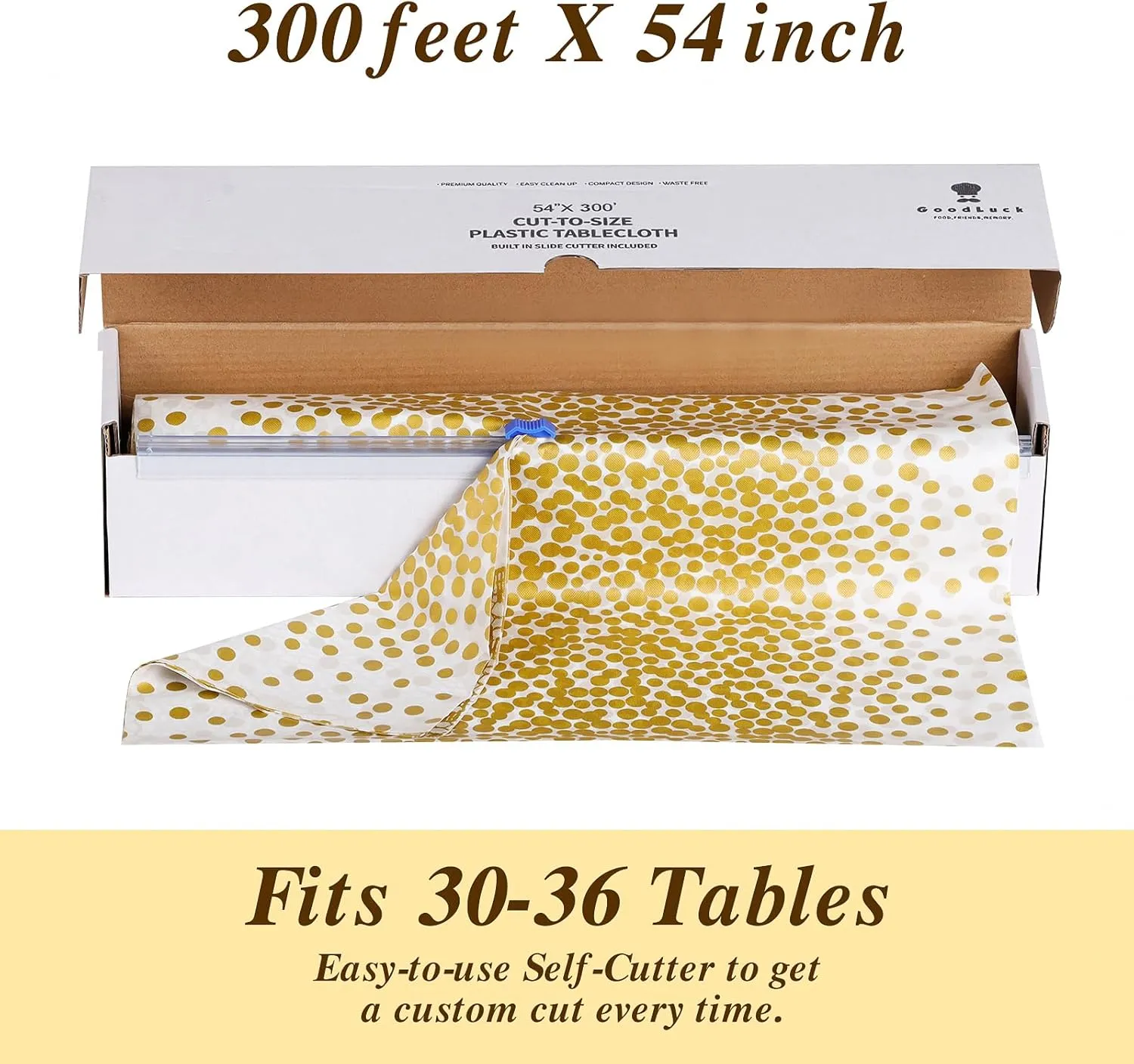 Goodluck 54 Inch X 300 Feet Plastic Table Cloths with Cutter Box, Gold Disposable Table Cover Roll, Plastic Tablecloth for Party, Wedding, Birthday, Anniversary, Thanksgiving, Christmas White Gold Dot