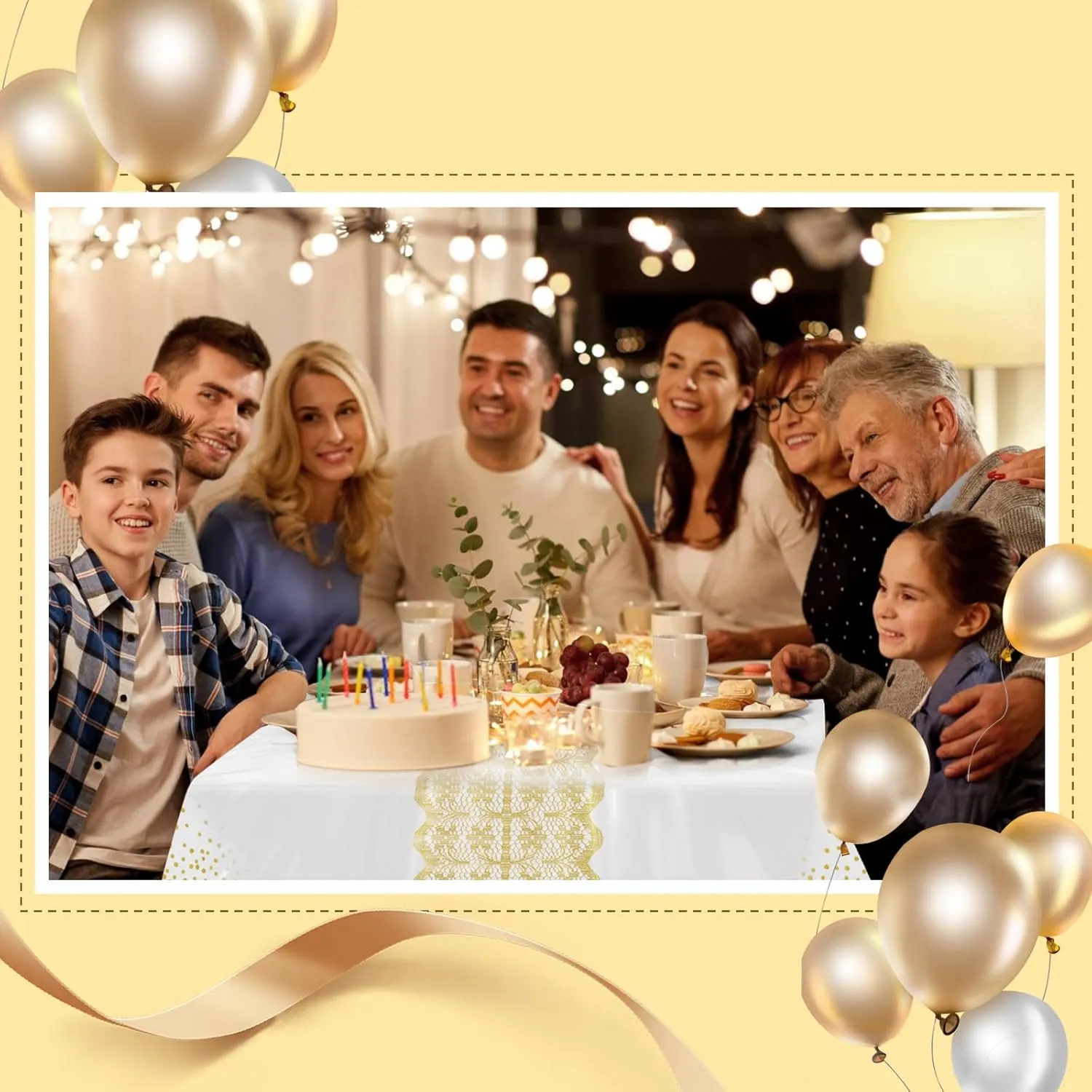 Goodluck 54 Inch X 300 Feet Plastic Table Cloths with Cutter Box, Gold Disposable Table Cover Roll, Plastic Tablecloth for Party, Wedding, Birthday, Anniversary, Thanksgiving, Christmas White Gold Dot