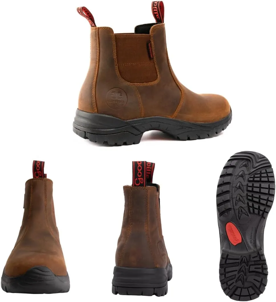 GOODVILLE Men's Work Boots, 6 inch Waterproof Soft Toe, Slip On Safety Oiled Leather Shoes