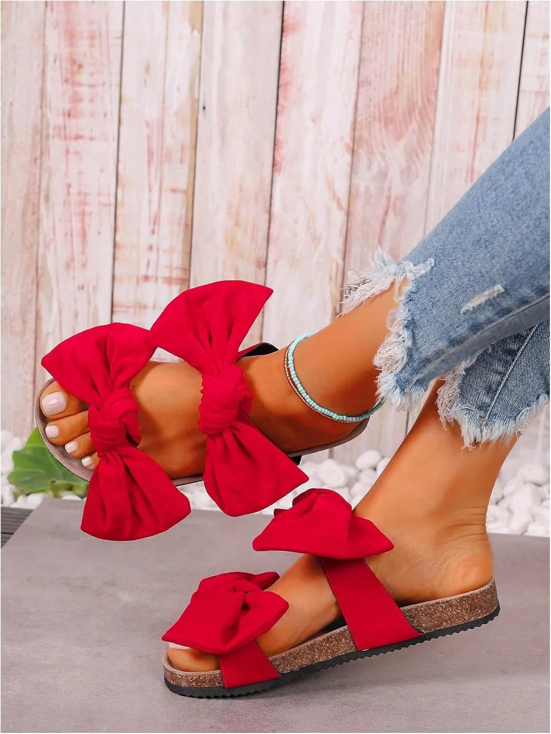GORGLITTER Women's Bow Cork Sandals Double Band Suede Beach Sandals Open Toe Slip On Slide Sandals 2025