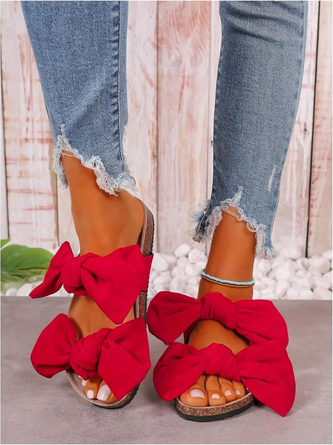 GORGLITTER Women's Bow Cork Sandals Double Band Suede Beach Sandals Open Toe Slip On Slide Sandals 2025