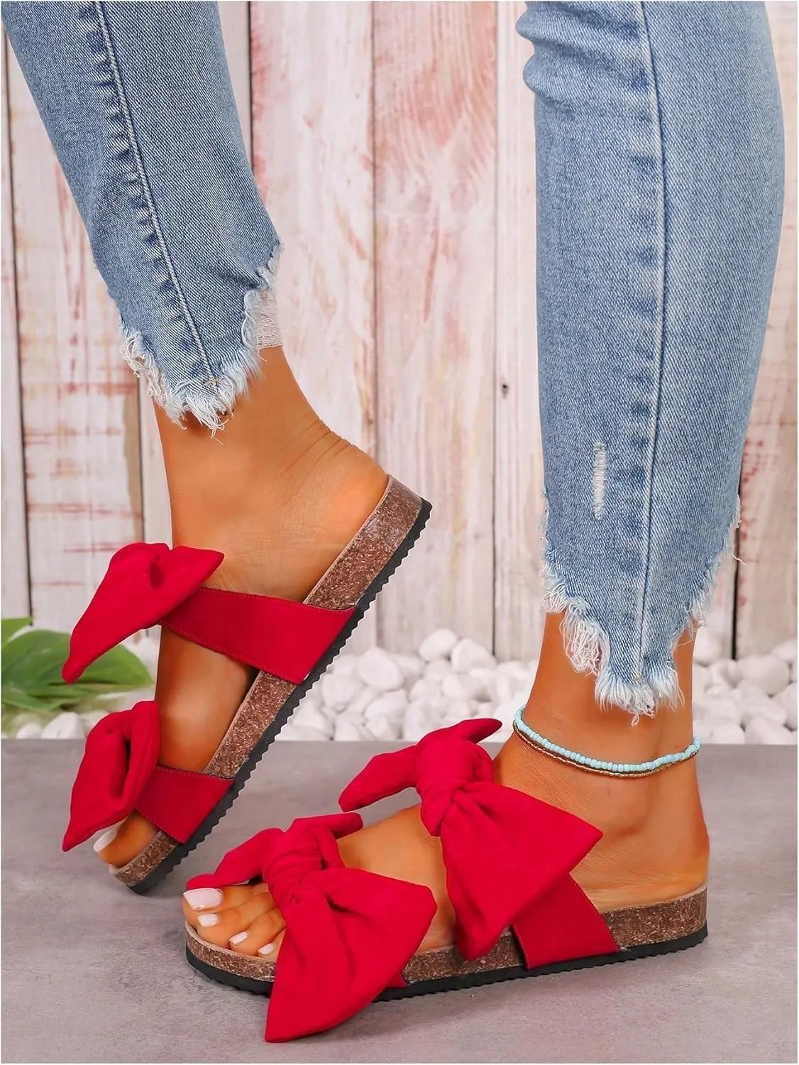 GORGLITTER Women's Bow Cork Sandals Double Band Suede Beach Sandals Open Toe Slip On Slide Sandals 2025
