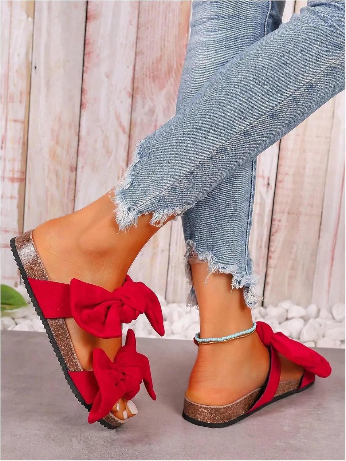 GORGLITTER Women's Bow Cork Sandals Double Band Suede Beach Sandals Open Toe Slip On Slide Sandals 2025
