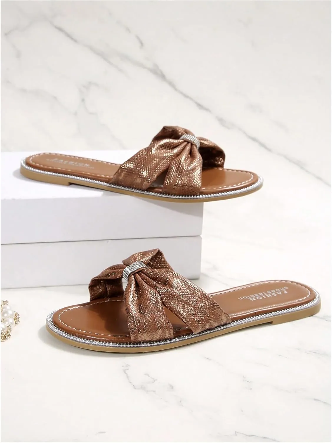 GORGLITTER Women's Summer Beach Sparkly Flat Cute Sandals 2025 Bow Embossed Dressy Slide Shoes