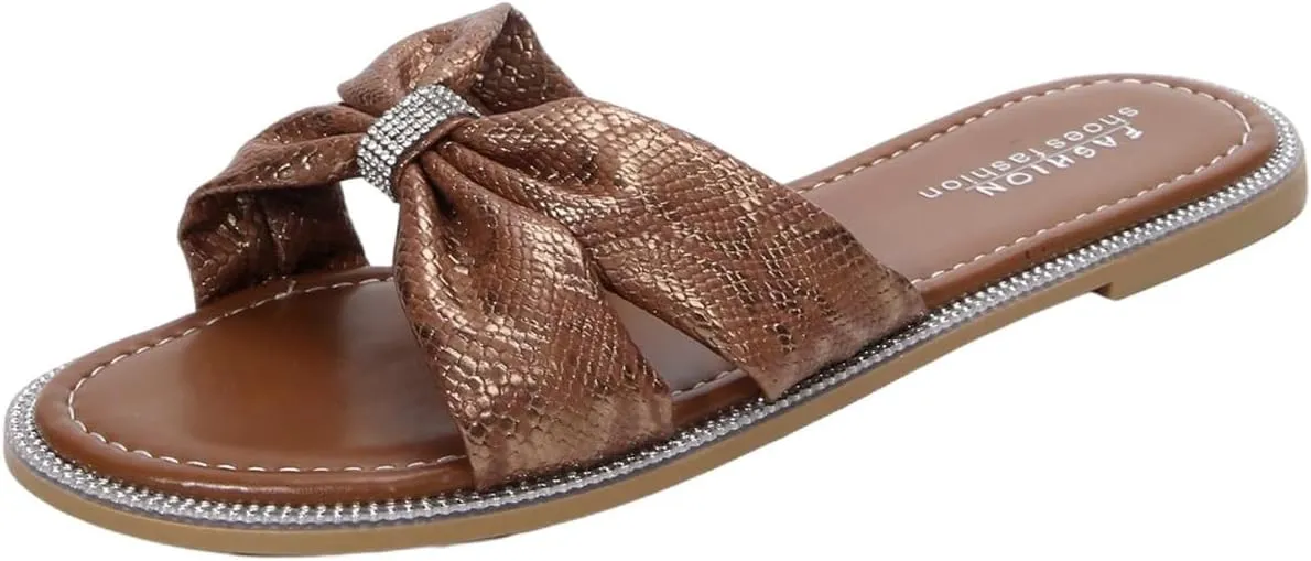 GORGLITTER Women's Summer Beach Sparkly Flat Cute Sandals 2025 Bow Embossed Dressy Slide Shoes